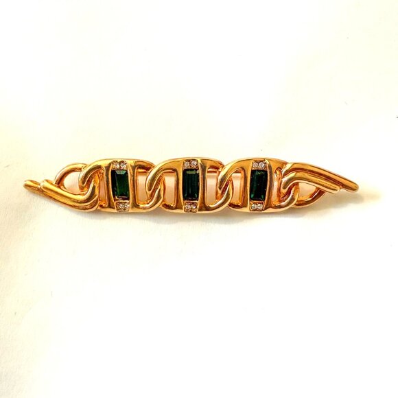 Swarovski Gold Tone Chain Link Brooch With Green Baguette Crystals & Clear Accen - Picture 1 of 3